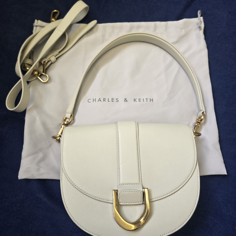 Charles & Keith Cream Saddle Shoulder Bag with Gold Buckle
